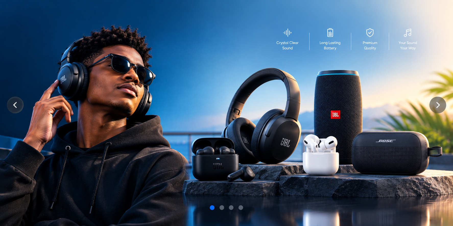 Headphones, earbuds and Bluetooth speakers